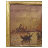Vintage Signed Landscape Painting of Boats on Water
