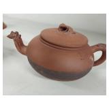 Vintage Ceramic Chinese Teapot, Bowl, and Leaf-Shaped Tray Set