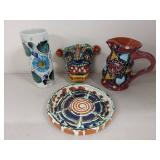 Colorful Hand-Painted Ceramic Vase, Jug, Plate, and Mask
