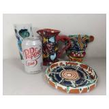 Colorful Hand-Painted Ceramic Vase, Jug, Plate, and Mask