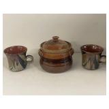 John Freimark Pottery Set: 2 Mugs & Lidded Pot