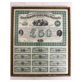 Antique Framed United States Great Republic Gold and Silver Mining Stock Certificate with Coupons