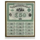 Antique Framed United States Great Republic Gold and Silver Mining Stock Certificate with Coupons