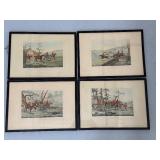 Set of 4 Framed Vintage Fox Hunting Prints with Horses and Hounds
