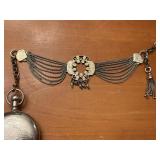 Vintage Elgin Pocket Watch on Ornate Multi-Chain Necklace with Fob & Locomotive Engraving