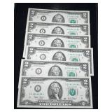 6 CONSECUTIVE SERIAL NUMBERED $2 BILLS
