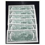 6 CONSECUTIVE SERIAL NUMBERED $2 BILLS