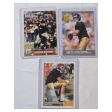 Lot of 3 Brett Favre Rookie Football Cards from the Atlanta Falcons including Upper Deck, Pro Set, and Ultra Draft Picks.