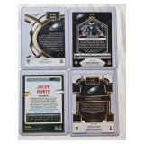 Lot of 4 Jalen Hurts Football Cards with Select and Optic Brands, Featuring Holo and Concourse Variants