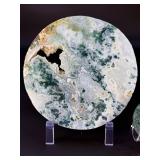 Circular Moss Agate Slabs are beautifully cut and polished slices that showcase the organic, moss-like inclusions moss agate is known for.