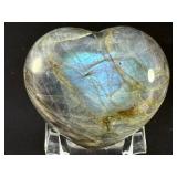 Rare Labradorite Heart with Pink, Gold &   Blue Flash is an extraordinary, high-quality piece showcasing labradorite’s most sought-after flashes.
