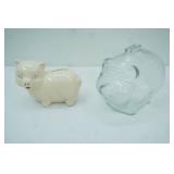 Vintage Ceramic Piggy Bank 4"tall by 5" long; Anchor Hocking Glass Piggy Bank 4.5" tall by 6.5" long