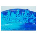 Kanawha Glass Co. blue glass slipper w/Cabbage Rose Pattern; Vintage Fenton Colonial Blue Glass Boot in Daisy & Button Pattern