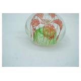 Vintage Art Glass Paperweight Featuring A red Flower and Green Round Base Design