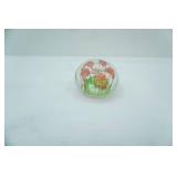 Vintage Art Glass Paperweight Featuring A red Flower and Green Round Base Design