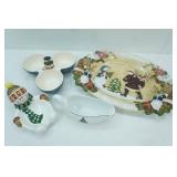 Ceramic Snowman Serving Dishes, Gold Trimmed Christmas Tree Gravy Boat