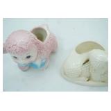 Vintage Rubens Original Pink and Blue Anthropomorphic Curly Ceramic Lamb Planter; Vintage MCM Ceramic Pottery Lamp Sheep Planter with Cream Glaze and Gold Accents