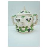 Vintage German Stoneware Ceramic Tureen, Punch Bowl, Cookie Jar w/raised castle and grape matif