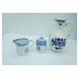 Vintage Delftware Ceramic Pitcher, Sponge ware Stoneware Creamer and Sugar