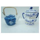 Vintage Japanese Arita Ware Ceramic Teapot with Rattan Handle; Vintage Blue Onion Pattern Ceramic Soup Tureen