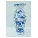 Chinese Blue and White Hexagonal Porcelain Vase with Figural Scenes and handles. 13" tall