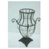 Large Vintage Wrought Iron and Blown Glass Caged Vase with Handles
