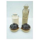 Vintage Holland Blue & White Ceramic Milk Jug, Vintage Brown & Beige Glazed Stoneware Soup Crocks