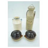 Vintage Holland Blue & White Ceramic Milk Jug, Vintage Brown & Beige Glazed Stoneware Soup Crocks