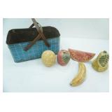 Vintage Metal Picnic Basket and Ceramic Fruit