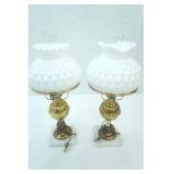 Pair of Hurricane-Style Lamps. Featuring a white, diamond quilted milk glass shade