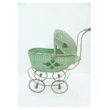 Vintage Green Wicker Doll Buggy / Stroller, Metal spoke wheels,21" x 26" x 11"