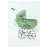 Vintage Green Wicker Doll Buggy / Stroller, Metal spoke wheels,21" x 26" x 11"