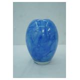 Large Hand Blown Glass Vase Featuring a Blue and White Swirl pattern. 9.5" tall