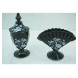 Fenton Black Amethyst Glass Lidded Candy Dish & Ebony Black Crest Fan Vase