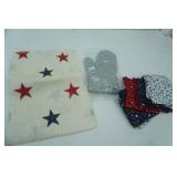 NEW Table Runner and Linen Napkins, Starts, Red, White, and Blue Theme; NEW Oven Mitt