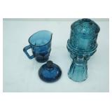 Indiana Glass Colonial Blue Stars and Bars Fairy Lamp; Vintage Viking Glass Georgian Blue Creamer and Sugar Lid