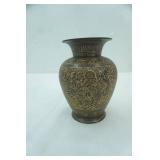 Etched Black Enameled Brass Vase. Vintage Indian