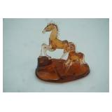 Vintage Hand-Blown Amber Glass Horse & Foal Figurine Set