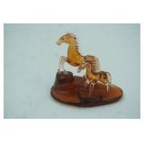 Vintage Hand-Blown Amber Glass Horse & Foal Figurine Set