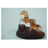 Vintage Hand-Blown Amber Glass Horse & Foal Figurine Set. 3.5" tall by 4"long