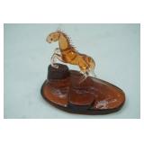 Vintage Hand-Blown Amber Glass Horse & Foal Figurine Set. 3.5" tall by 4"long