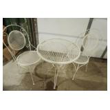Mid Century White Iron Round Garden Table and Chairs. Wrought Iron