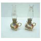 Pair of Vintage Enesco Footed Porcelain Oil Lamps w/hand-painted Fruit Design