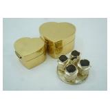 Lacquered Nesting Heart-Shaped Jewelry Boxes. Gold-Toned; Vintage Avon Golden Vanity Roses Lipstick Holder
