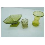 Vintage Indiana Green Glass Diamond-Shaped Pedestal Candy Dish "Daisy Blossom" pattern; Fenton Colonial Green Hobnail Side Spikes Toothpick Holder; Vintage Hand-Blown crackle glass bud vase in lime gr