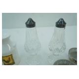 Vintage Crystal Salt & Pepper Shakers, Vintage Silver-Plated Sugar and Creamer Set w/open work metal holders and glass insert