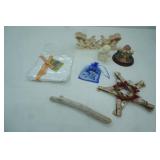 Decorative Vintage Wooden Tape Measure Star, Minster Giftware Teapot House Collectible Figurine, Porcelain Blue Transferware Heart Ornament, Department 56 Snowbunnies Collection Porcelain Bisque Squir