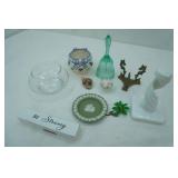 Fenton Art Glass Green Opalescent Bell w/"Bows and Drapery" design; Fitz and Floyd Dish; Vintage Westmoreland Milk Glass Twisted Candlestick Holder