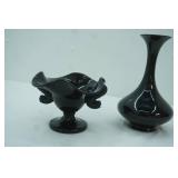 Fenton Art Glass Dolphin Black Round Crimped Rim Compote Candy Dish; Black Amethyst Glass Bud Vase