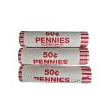 Three rolls of uncirculated pennies: one is 2024-D mint, and the other two are unknown (Shield out).